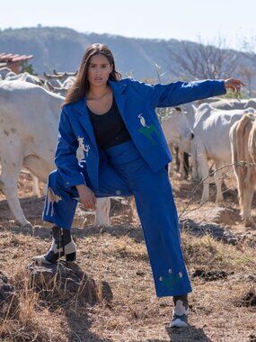 Bestario CDMX Blue Illustrated High Waisted Pants